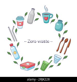 Set of eco friendly tableware items. Zero waste concept. Cartoon, line art style. Decorative round frame with line art eco friendly tableware items. Vector outline illustration in Doodle style. Stock Vector