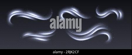 Cold wind with snow, air flow effect, winter freezing swirls, glowing light trails. Stock Vector
