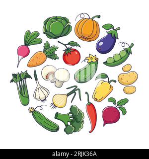 Cute vegetables set in cartoon style. Outline Vegetables collection. Veggies icons, stickers, mascots. Vector illustration isolated on white background. Stock Vector