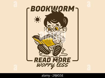 Bookworm, read more worry less, vintage illustration of a little boy sitting and reading a book Stock Vector