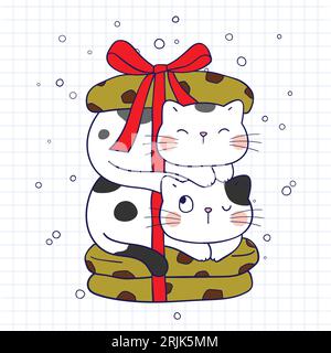 Hand drawn vector abstract Merry Christmas time cartoon illustration with cute cat characters on notebook page background Stock Vector