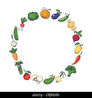 Cute vegetables set in cartoon style. Decorative round frame. Outline Vegetables collection. Vector illustration isolated on white background. Circle border. Stock Vector