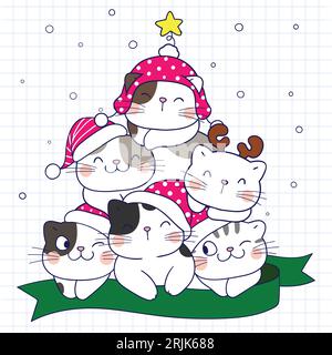 Set of cute cartoon cats in hats. Hand drawn vector illustration. Stock Vector