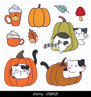 Cute hand drawn Halloween characters. Vector illustration. Cute cartoon cat, pumpkin, pumpkin, cup of coffee, ice cream. Stock Vector