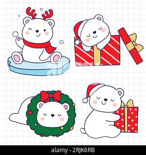 Set of cute cartoon polar bears with christmas gifts. Vector illustration. Stock Vector