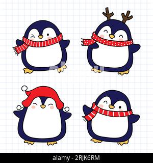 Set of cute penguins. Christmas and New Year. Vector illustration Stock Vector