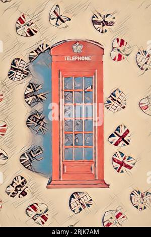 Vertical styled watercolour art on a telephone booth of English design. Photo with painting filter. Not AI Stock Photo