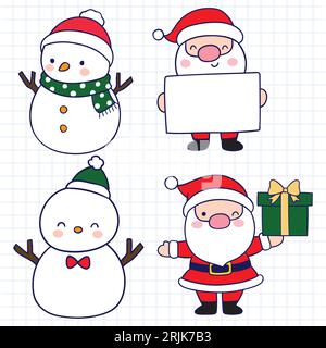 Set of cute Santa Claus, snowman and snowman. Hand drawn vector illustration Stock Vector