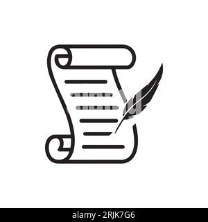 Writing on scroll with quill pen or historical line art vector icons for games and websites Stock Vector