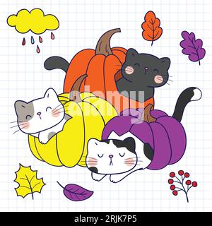 Cats and pumpkins. Hand drawn vector illustration on notebook page Stock Vector