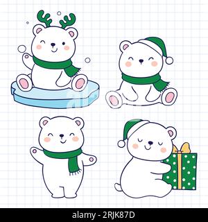 Set of cute cartoon polar bears. Vector illustration on a white background Stock Vector