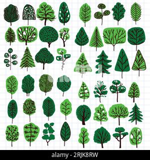 Vector set of green trees hand drawn vector illustration on paper sheet Stock Vector