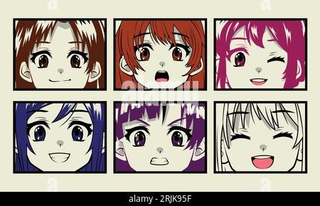 Cute cartoon girl with different facial expressions set. Vector ...