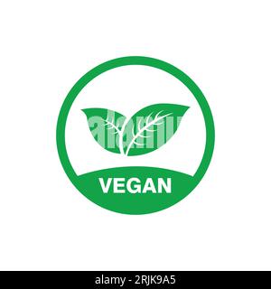 Vegan icon vector. Organic, bio, eco symbol. Vegan, no meat, lactose free, healthy, fresh and non-violent food. Green round vector illustration with l Stock Vector