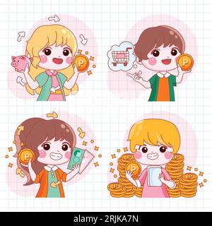 Cute cartoon boy and girl with shopping icons. Vector illustration. Stock Vector