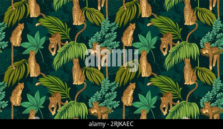 Seamless tropical pattern with leopards and green palm leaves. Hand drawn summer jungle vector surface wallpaper design. Stock Vector