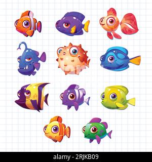 Set of colorful cartoon fishes on checkered paper. Vector illustration Stock Vector