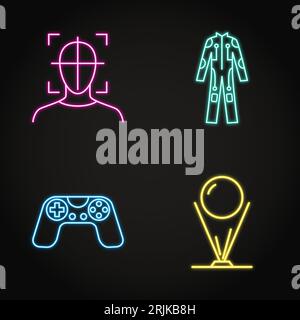 Virtual reality concept icon set in neon line style. Modern computer technologies symbols including cybersuit, holographic object, head tracking. Vect Stock Vector
