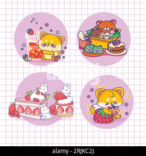 Sticker cute animals with sweet cake vector illustration Stock Vector