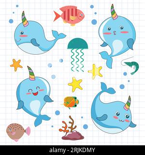 Sea animals vector set. Underwater animal cute dolphin, Vector Cartoon Stock Vector
