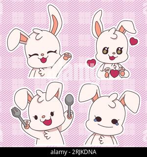 Set of cute cartoon bunny with different emotions. Vector illustration on pink background. Stock Vector