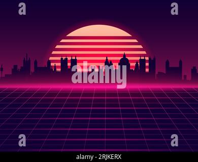 Retro futuristic synthwave retrowave styled night cityscape with sunset on background. Neon sunset style 80. Retro wave music. Vector illustration. Stock Vector