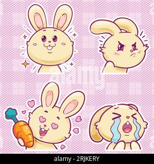 Set of cute cartoon bunny with different emotions. Vector illustration on pink background. Stock Vector
