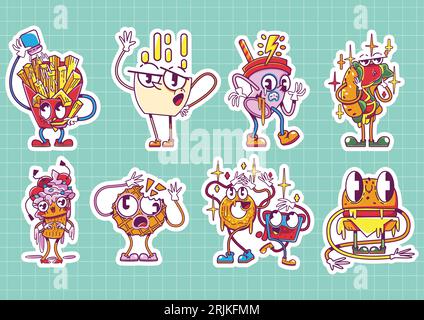 Fast food icons, cute retro stickers in y2k style. Vintage patches with funny burger, hot dog, donut, french fries, coffee and ice cream, vector carto Stock Vector