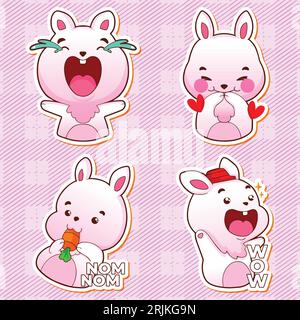 Set of cute cartoon bunny with different emotions. Vector illustration on pink background. Stock Vector