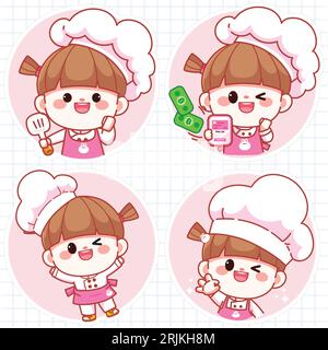 Cute Chef Girl Cartoon Mascot Character Set on Notebook Paper Background Stock Vector