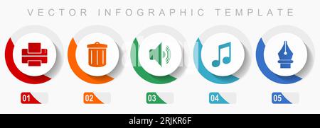 Media icon set, miscellaneous icons such as printer, trash can, speaker, note and pen, flat design vector infographic template, web buttons in 5 color Stock Vector