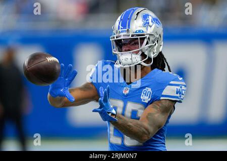 Detroit Lions running back Jahmyr Gibbs (26) warms up before the first half  of a preseason NFL football game between the Detroit Lions and the  Jacksonville Jaguars, Saturday, Aug. 19, 2023, in