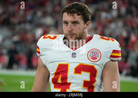 Kansas City Chiefs linebacker Jack Cochrane (43) runs out onto the field  before the NFL Super Bowl 57 football game against the Philadelphia Eagles,  Sunday, Feb. 12, 2023, in Glendale, Ariz. The