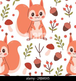 Fall pattern with squirrel. Seamless woodland pattern with leaves and cute forest animal on white background Stock Vector