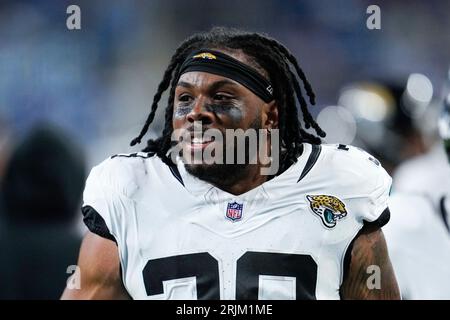 Jacksonville Jaguars running back Qadree Ollison (38) is seen during the  second half of an NFL football game against the Dallas Cowboys, Saturday,  Aug. 12, 2023, in Arlington, Texas. Jacksonville won 28-23. (