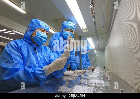 Medical workers dispense liquid in sterile room Stock Photo