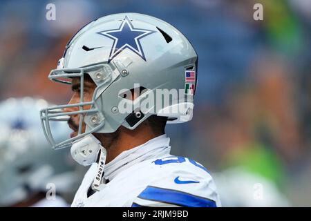 Dallas Cowboys offensive tackle Isaac Alarcon watches from the sideline as  they played the Carolina Panthers during an NFL football game in Arlington,  Texas, Sunday, Oct. 3, 2021. (AP Photo/Michael Ainsworth Stock