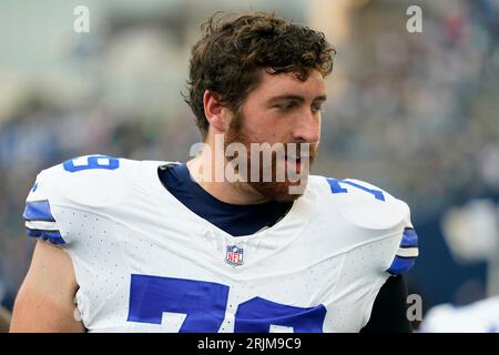 Dallas Cowboys offensive tackle Matt Waletzko (79) is seen during the first  half of an NFL football game against the Jacksonville Jaguars, Saturday,  Aug. 12, 2023, in Arlington, Texas. Jacksonville won 28-23. (