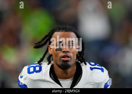 Dallas Cowboys wide receiver Jalen Tolbert (18) catches the ball against  Jacksonville Jaguars cornerback Montaric Brown (30) and play comes back  with a penalty during the first half of an NFL preseason