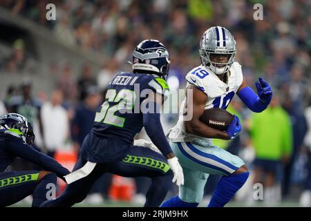 Seattle Seahawks safety Jerrick Reed II (32) celebrates during an NFL  pre-season football game against the Minnesota Vikings, Thursday, Aug. 10,  2023 in Seattle. (AP Photo/Ben VanHouten Stock Photo - Alamy