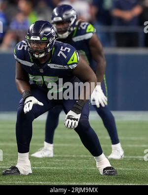 Seattle Seahawks offensive tackle Greg Eiland (75) blocks during an NFL pre-season  football game against the Minnesota Vikings, Thursday, Aug. 10, 2023 in  Seattle. (AP Photo/Ben VanHouten Stock Photo - Alamy