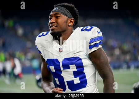 Dallas Cowboys wide receiver Jalen Tolbert (18) catches the ball against  Jacksonville Jaguars cornerback Montaric Brown (30) and play comes back  with a penalty during the first half of an NFL preseason