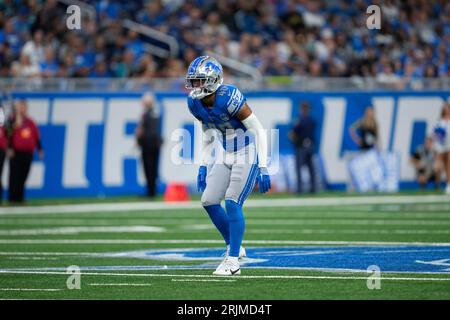 Detroit Lions linebacker Julian Okwara (99) pursues a play on defense  against the Jasksonville Jaguars during an NFL pre-season football game,  Saturday, Aug. 19, 2023, in Detroit. (AP Photo/Rick Osentoski Stock Photo 