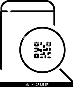 Scan Qr-code on smartphone with magnifying glass. Pixel perfect, editable stroke Stock Vector