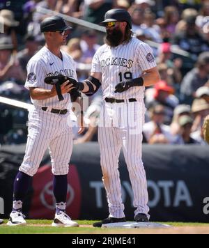 Colorado Rockies' Charlie Blackmon in the first inning of a baseball game  Monday, Aug. 14, 2023, in Denver. (AP Photo/David Zalubowski Stock Photo -  Alamy