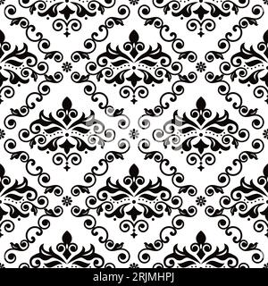 Luxury arabic Damask wallpaper or fabric print pattern, retro textile vector seamless design with flowers, leaves and swirls in black and white Stock Vector