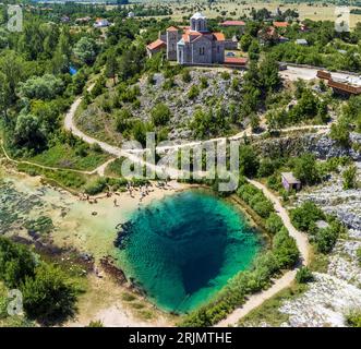 Aerial view about Cetina River Spring (Izvor Cetine), also known as the ...