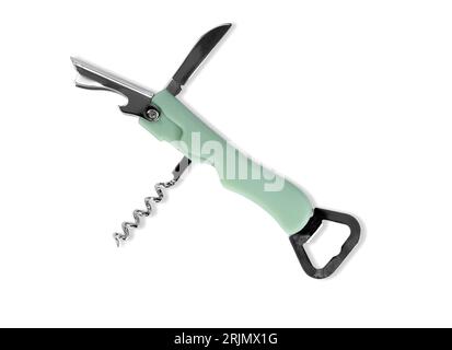 Multipurpose corkscrew or metal bottle opener on a white surface. Stock Photo