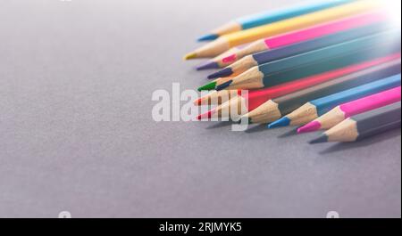 Color pencils, crayons, new school supplies ready for new school year. Stock Photo