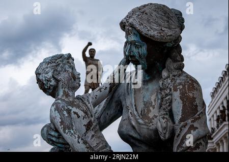 The statues of baby Alexander The Great, his mother, and his father King Philip in Skopje, Macedonia Stock Photo